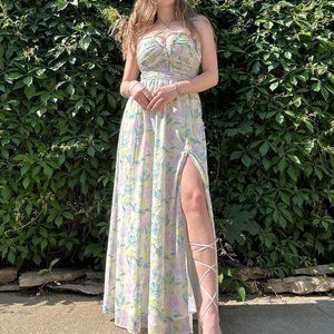 Flowy green and purple floral maxi dress with tie back waist and leg slit
